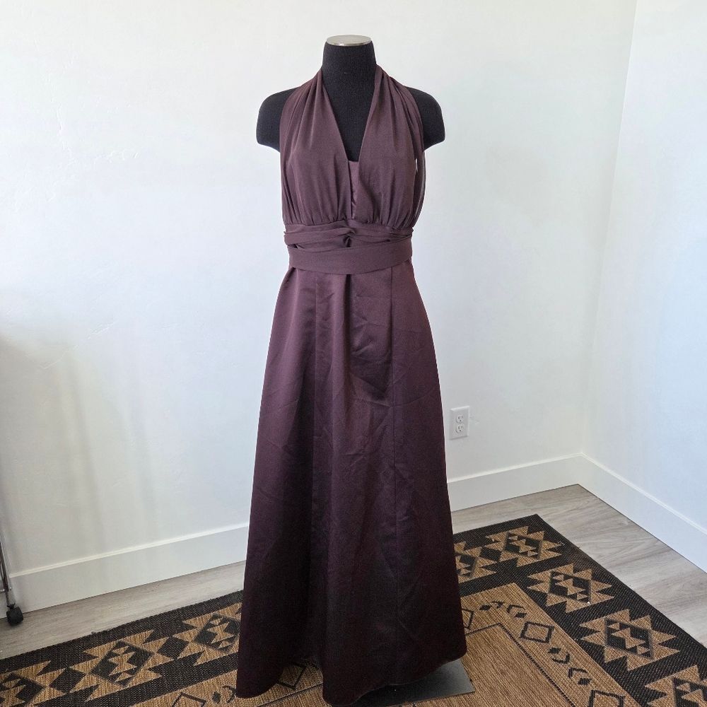 David's Bridal Dress Halter Brown Maxi Open Back Ballgown Y2K Prom Hoco 14